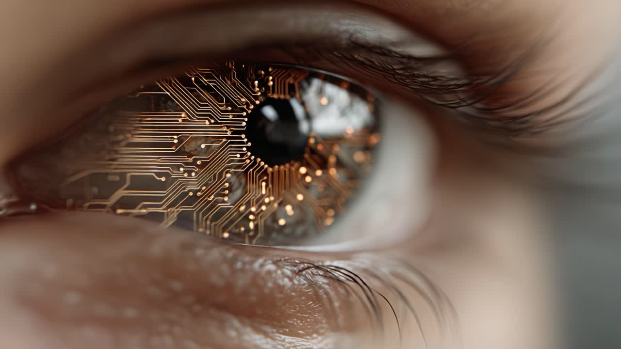 An Intricate Glimpse: The Artistic Fusion of Human Emotion and Advanced Technology Captured in a Close-Up of an Eye with Circuitry Patterns Reflected Within