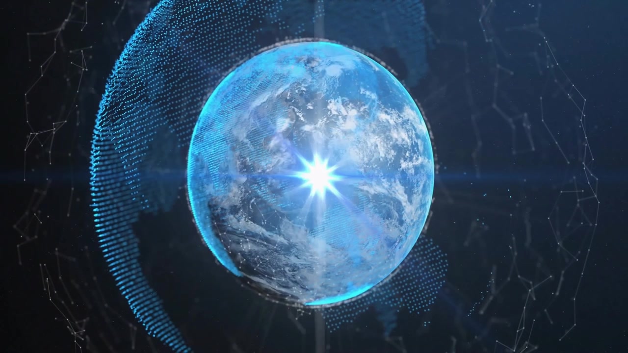 Opening void, 3D globe fading in wireframe rising flare bursting halo orbiting visualizing network