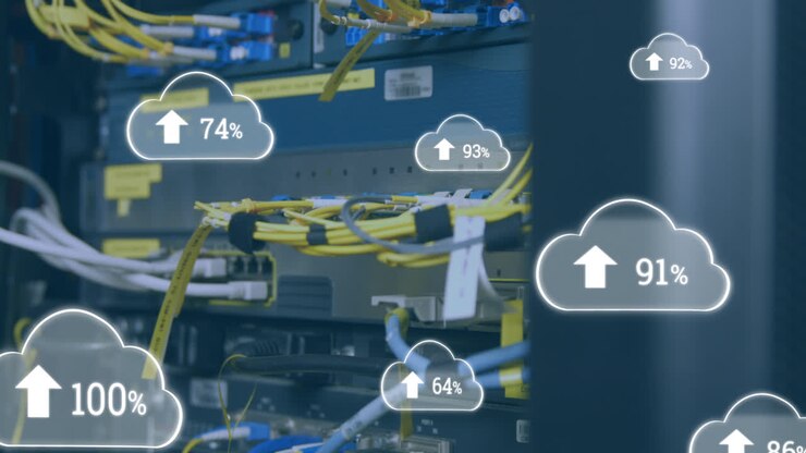 Animation of cloud icons with growing numbers over server room
