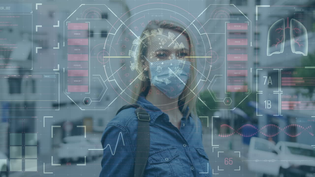 animación del procesamiento de datos médicos sobre una mujer caucásica con máscara facial usando un teléfono inteligente