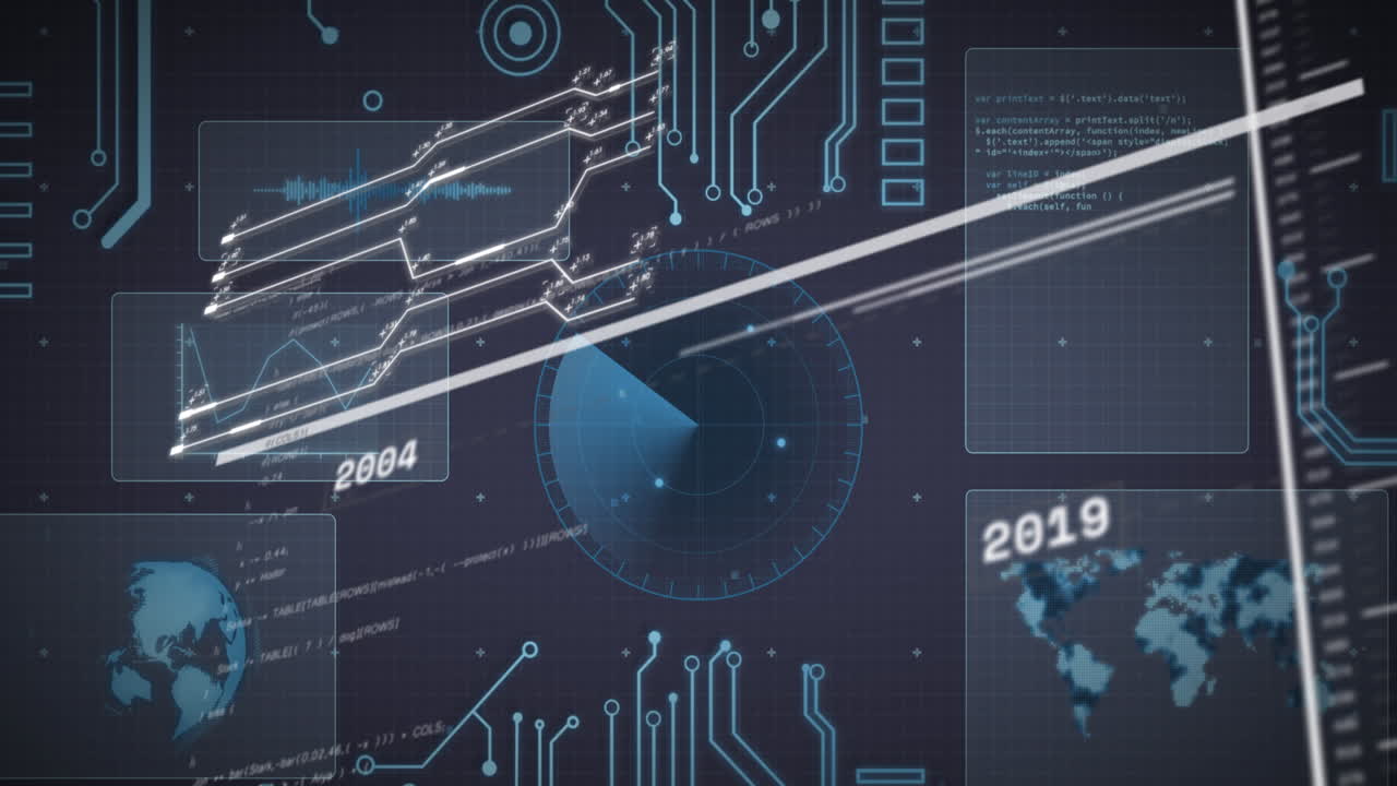 Animation of interface with data processing and round scanner against blue background