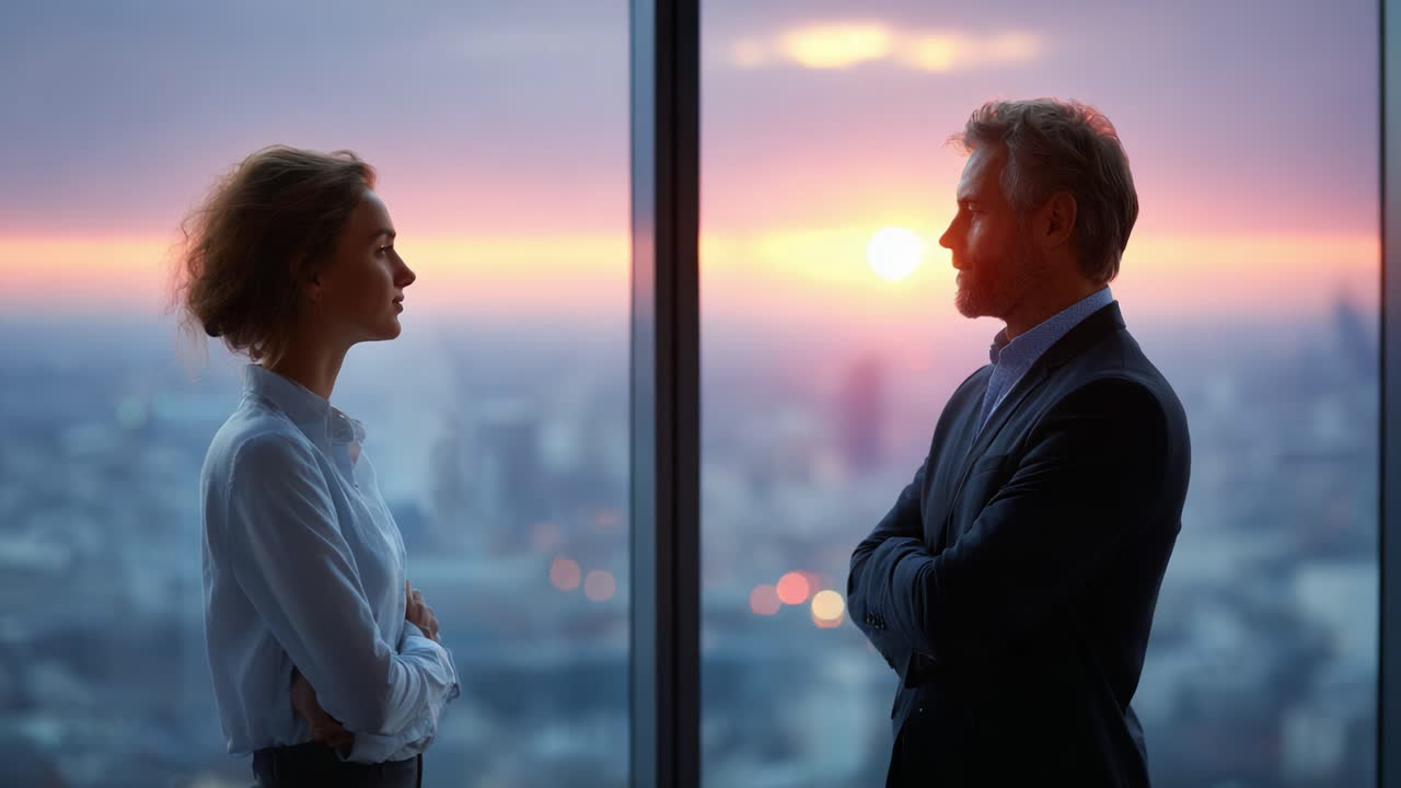 A Thought-Provoking Conversation Against the Backdrop of a Stunning Sunset: Two Professionals Engaged in Deep Discussion at Their Office with a City View