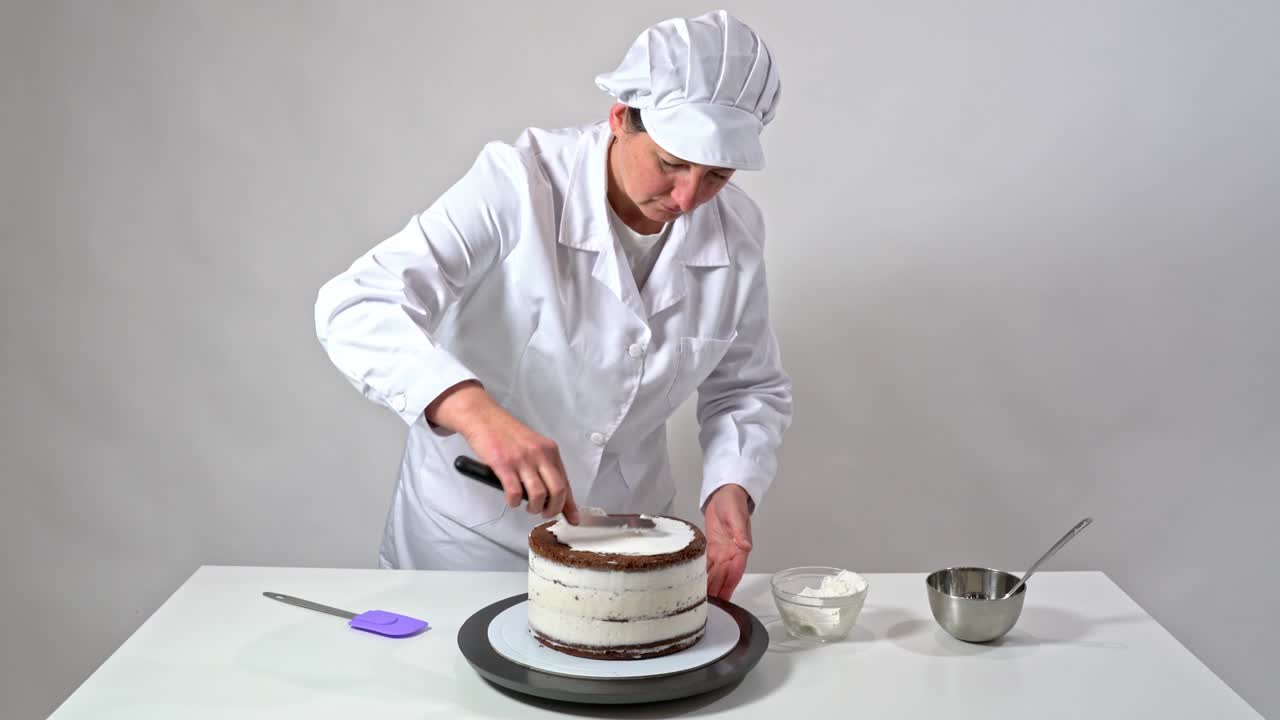 크림으로 인 케이크의 을 조심스럽게 만지기 위해 아이싱 스파라를 사용하는 베이커의 앞.