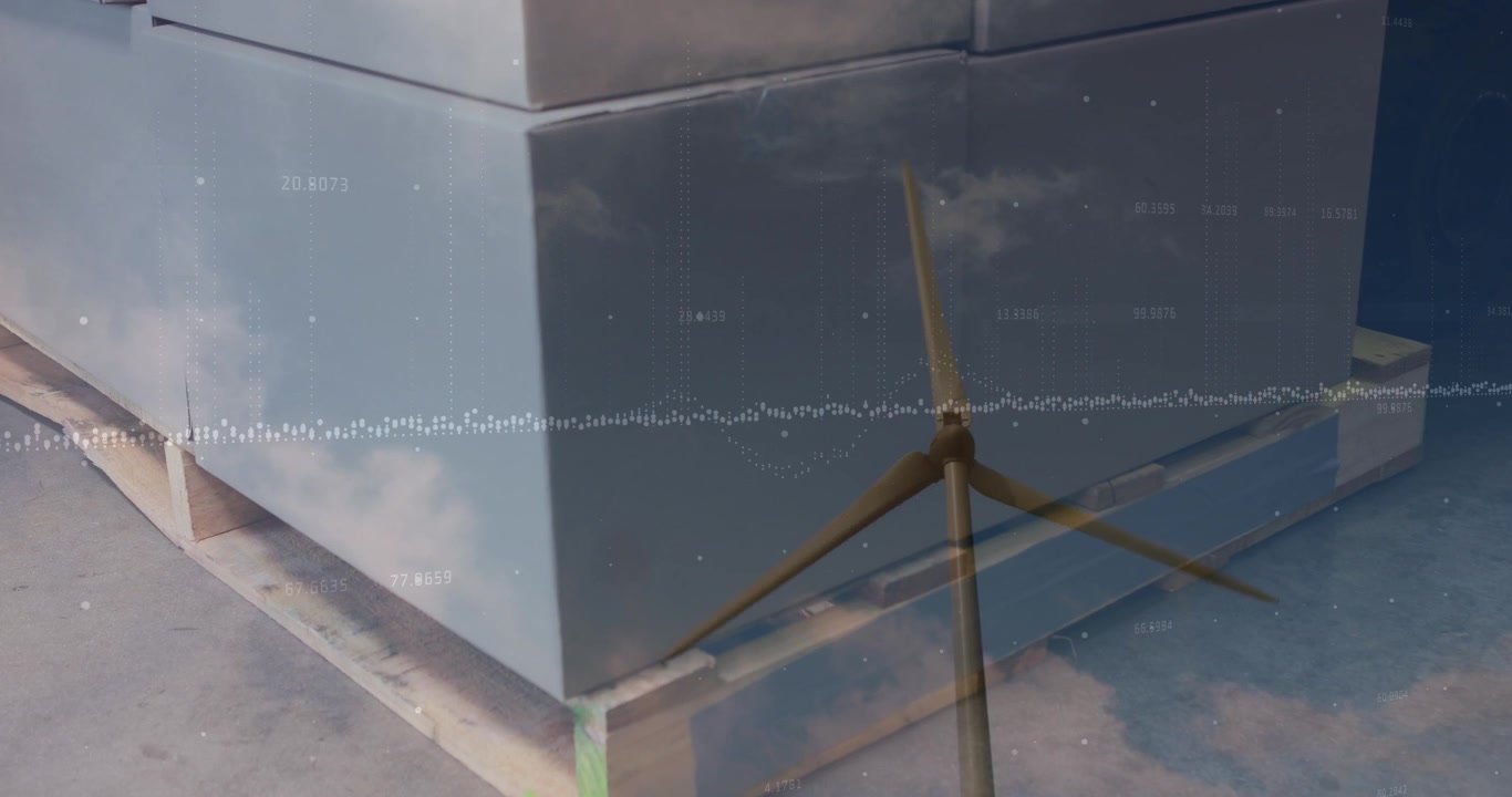 Animazione di una turbina eolica e un magazzino su elaborazione dati