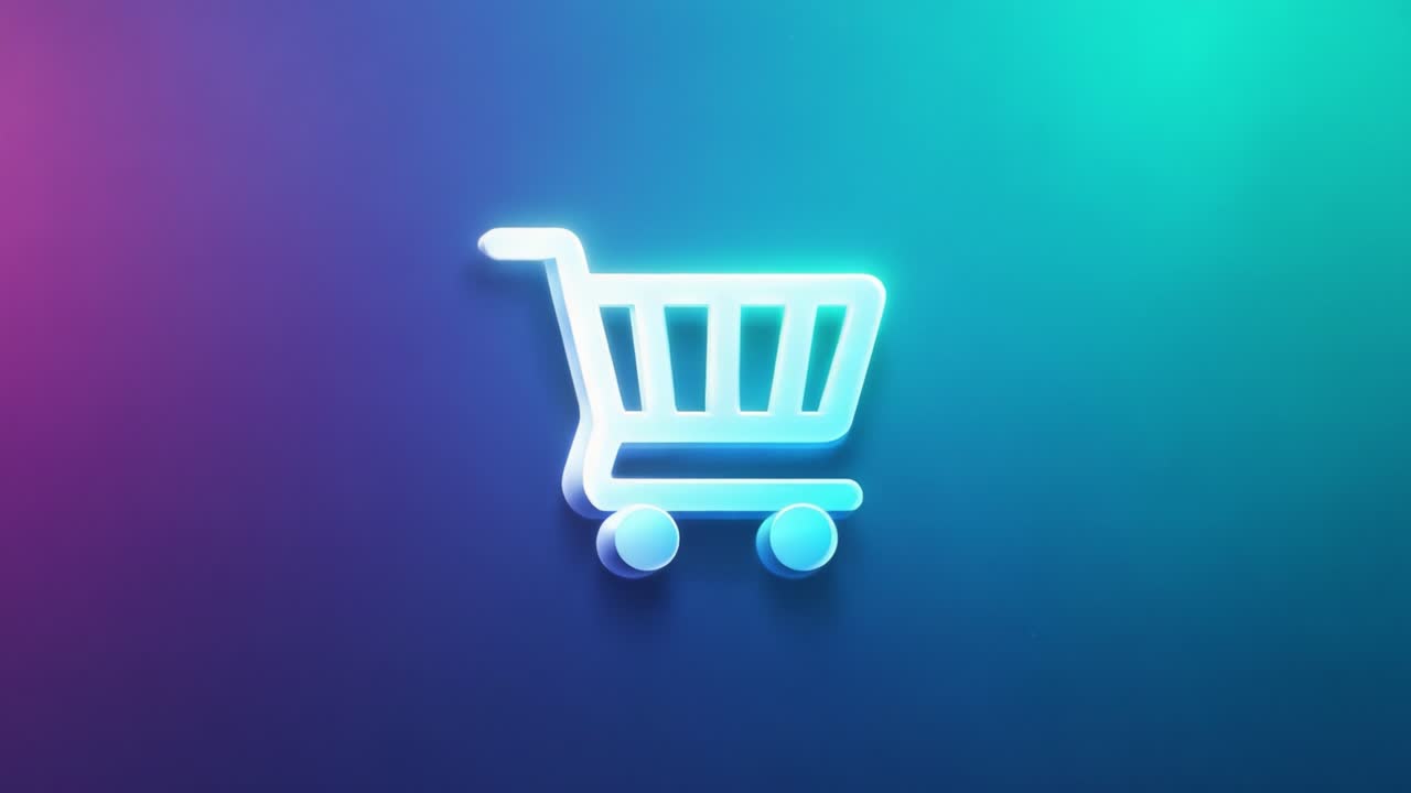 Un'icona del carrello della spesa vivace e moderna con colori al neon che rappresenta l'e-commerce e l'esperienza di vendita al dettaglio online in un ambiente digitale.