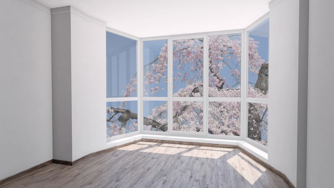casa vacía para alquilar con flor de sakura rosa fuera de la ventana