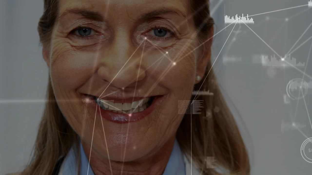 Camera moving up revealing doctor smiling with stethoscope, network overlays displaying connections
