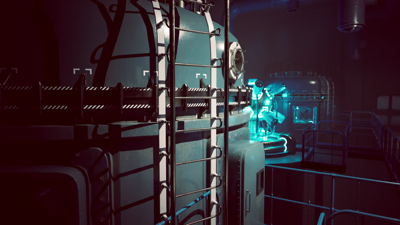 The laboratory is filled with advanced machinery and glowing robotic devices