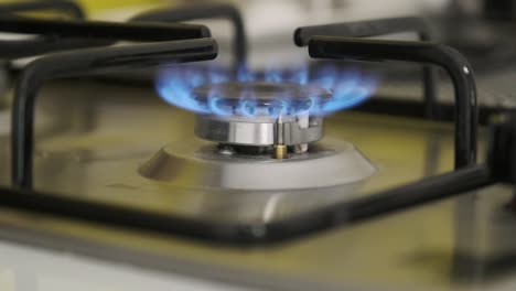 close-up of burning gas burner on home kitchen cooktop.