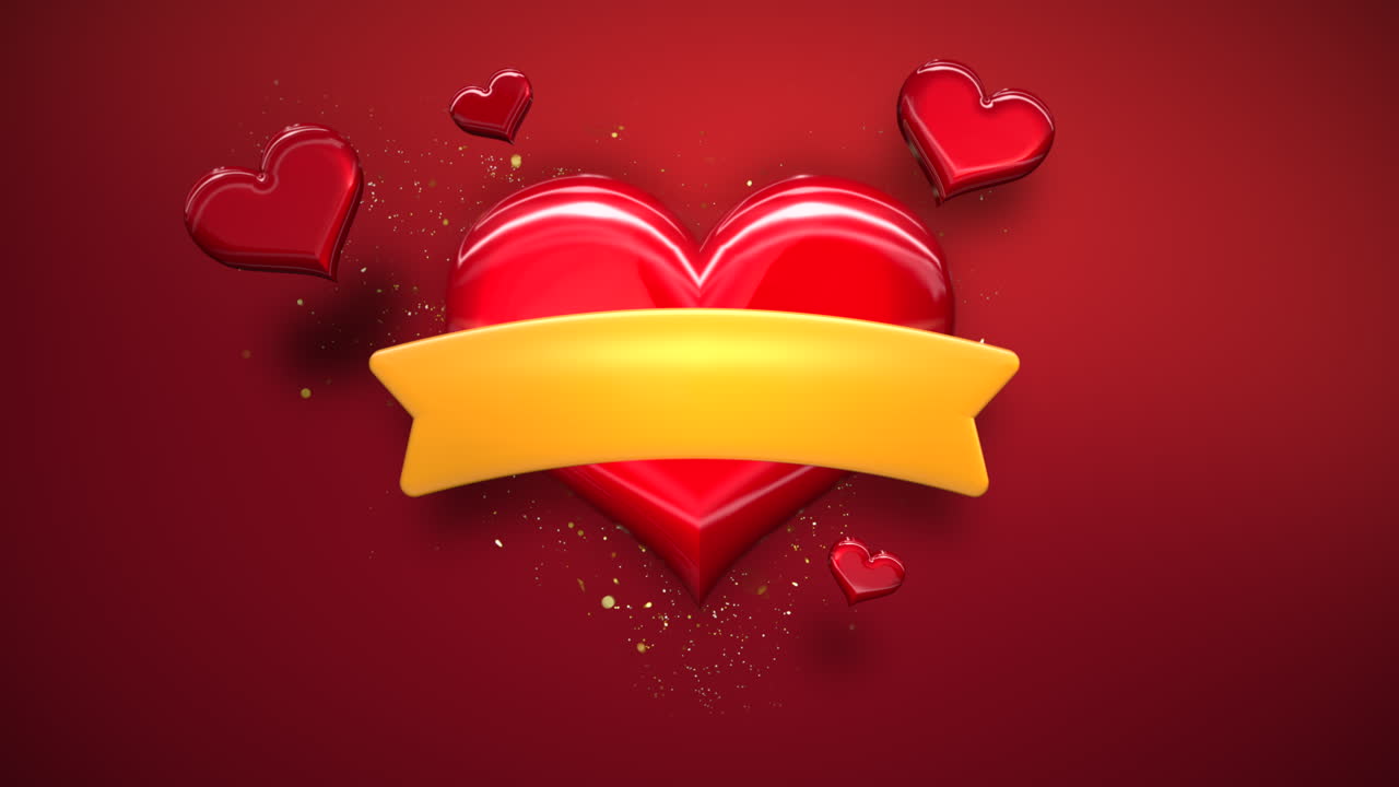 Animazione ravvicinata con movimento di un grande cuore romantico e piccoli cuori su sfondo rosso lucido di San Valentino