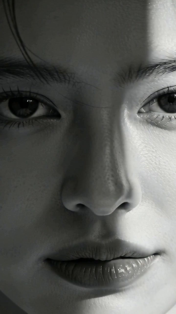 Vertical video: Shifting light guiding model holding gaze closing lips in studio showing light bar
