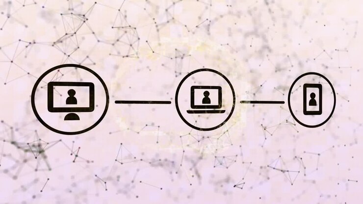 Netværk af digitale ikoner og netværk af forbindelser mod grå baggrund
