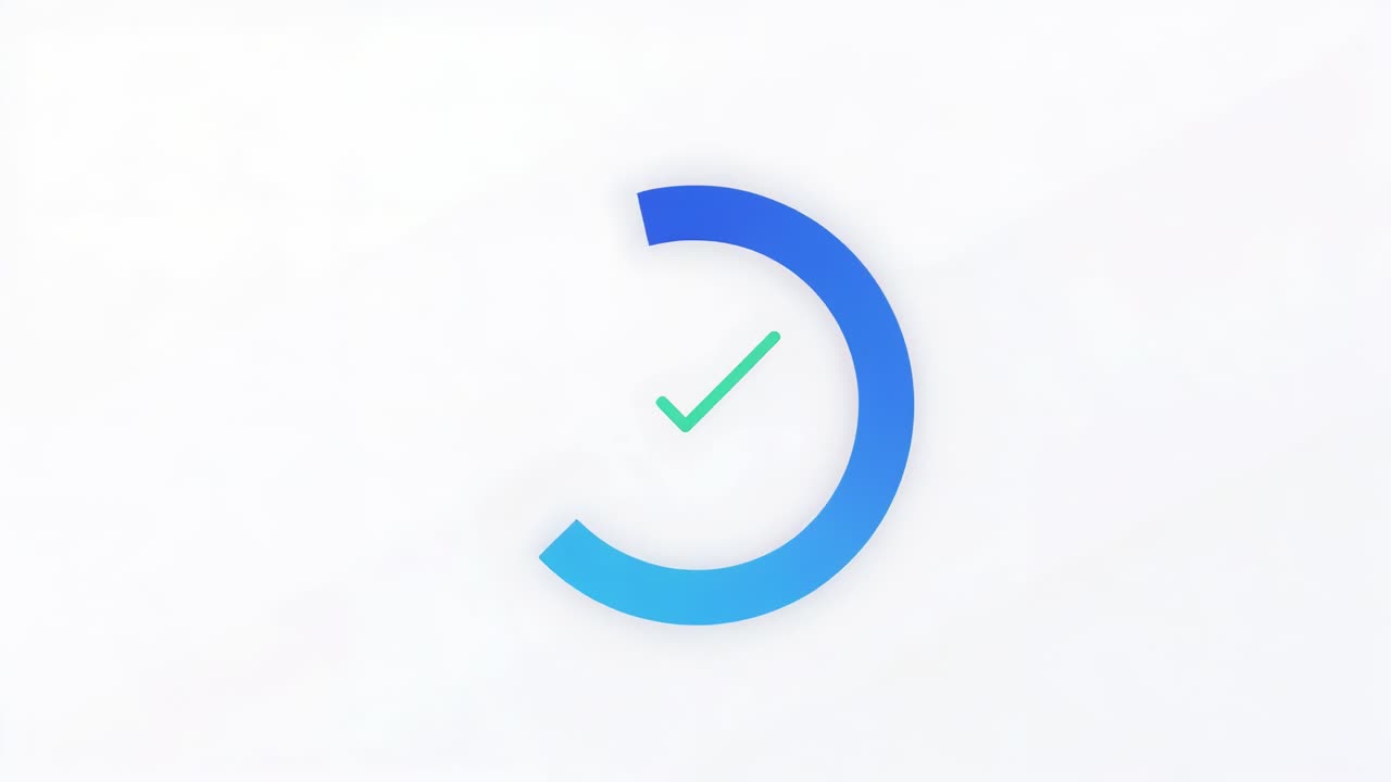 Rotating blue arc after task completion, circling green check mark on white backdrop, nearing end