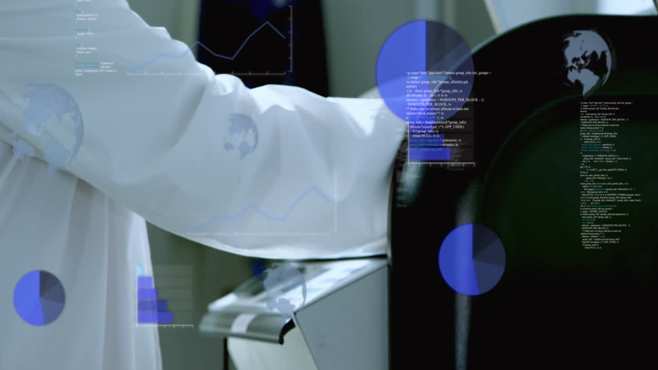 animación de globos, lenguaje informático, científico caucásico quitando vasos líquidos de los equipos