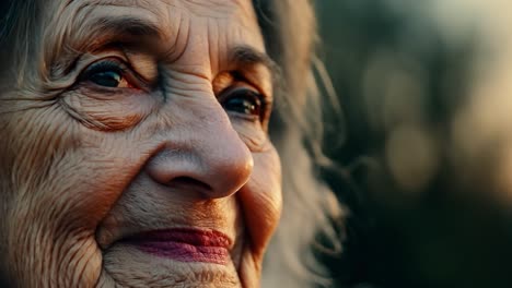 close up of a thoughtful senior woman with grey hair and blue eyes gazing upward. her face, filled with wrinkles, reflects a lifetime of experiences