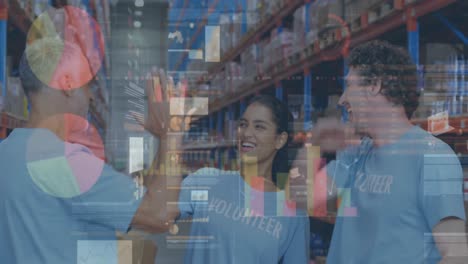 animación de las estadísticas y el procesamiento de datos financieros sobre hombres y mujeres high fiving en el almacén