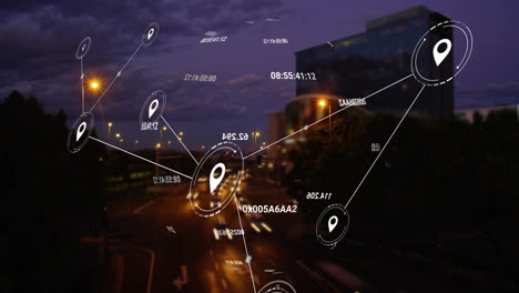 Animation of network of connections with data processing over cityscape