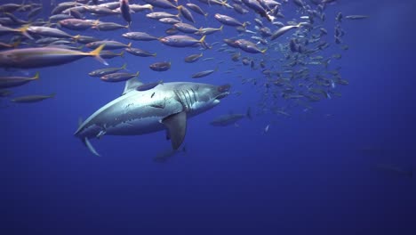 gran tiburón blanco nadando con la escuela de caballa en el mar azul