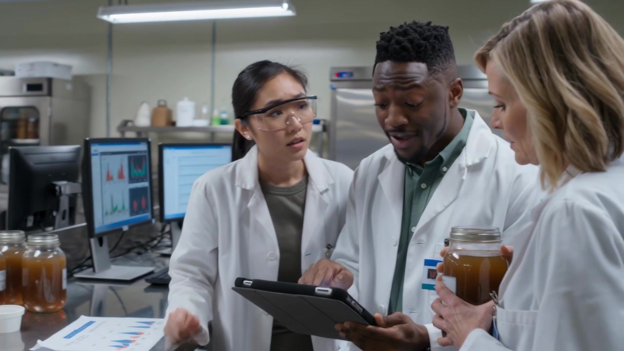 Checking samples, three in lab coats pointing at tablet reviewing data on lab bench, labeled jars