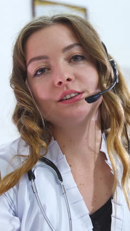 female doctor or family therapist using online chat to talk with patient and check possible symptoms during pandemic of coronavirus. health concept. vertical video