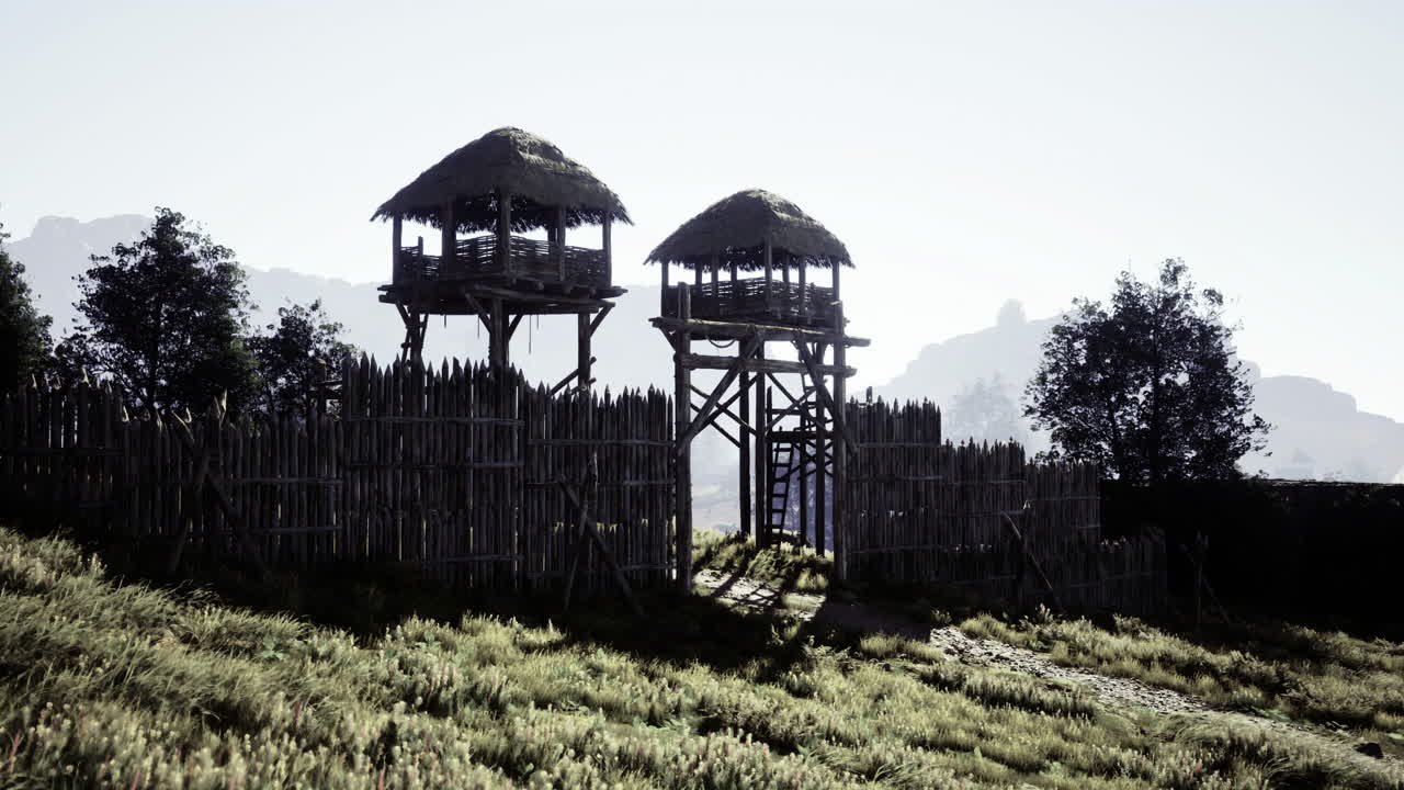 Historic wooden watchtowers overlook a serene landscape by day