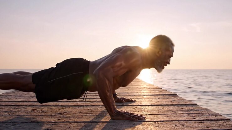 A Strong and Determined Man Engaging in Push-ups on a Wooden Dock During a Beautiful Sunrise Over the Calm Waters