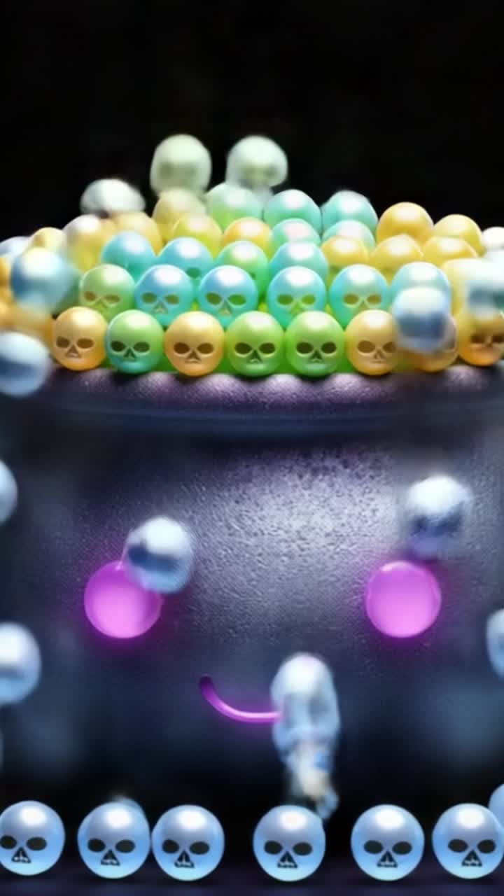 A whimsical cauldron brimming with colorful bubbles and playful skulls, blending vibrant hues, and featuring a cheerful face that invites curiosity and delight