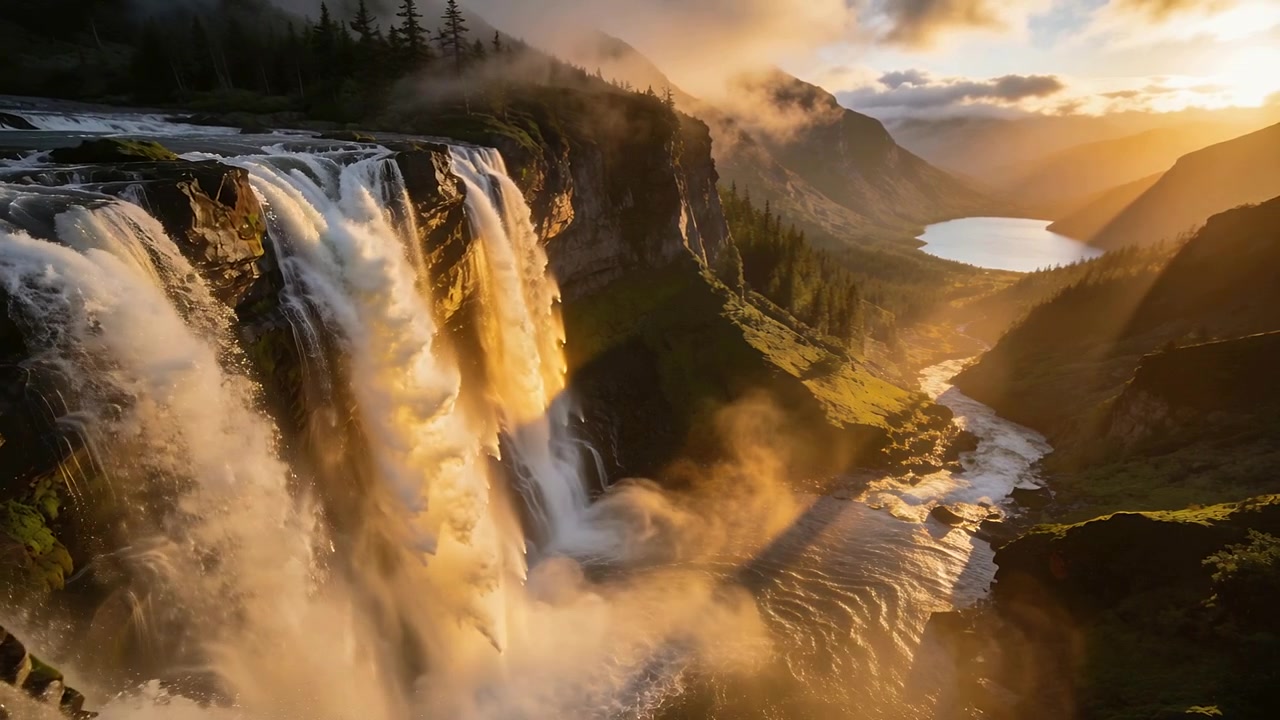 Cascata a più livelli che scorre, gettandosi dalla scogliera in una valle di montagna, la luce del sole che crea nebbia alimentando il fiume