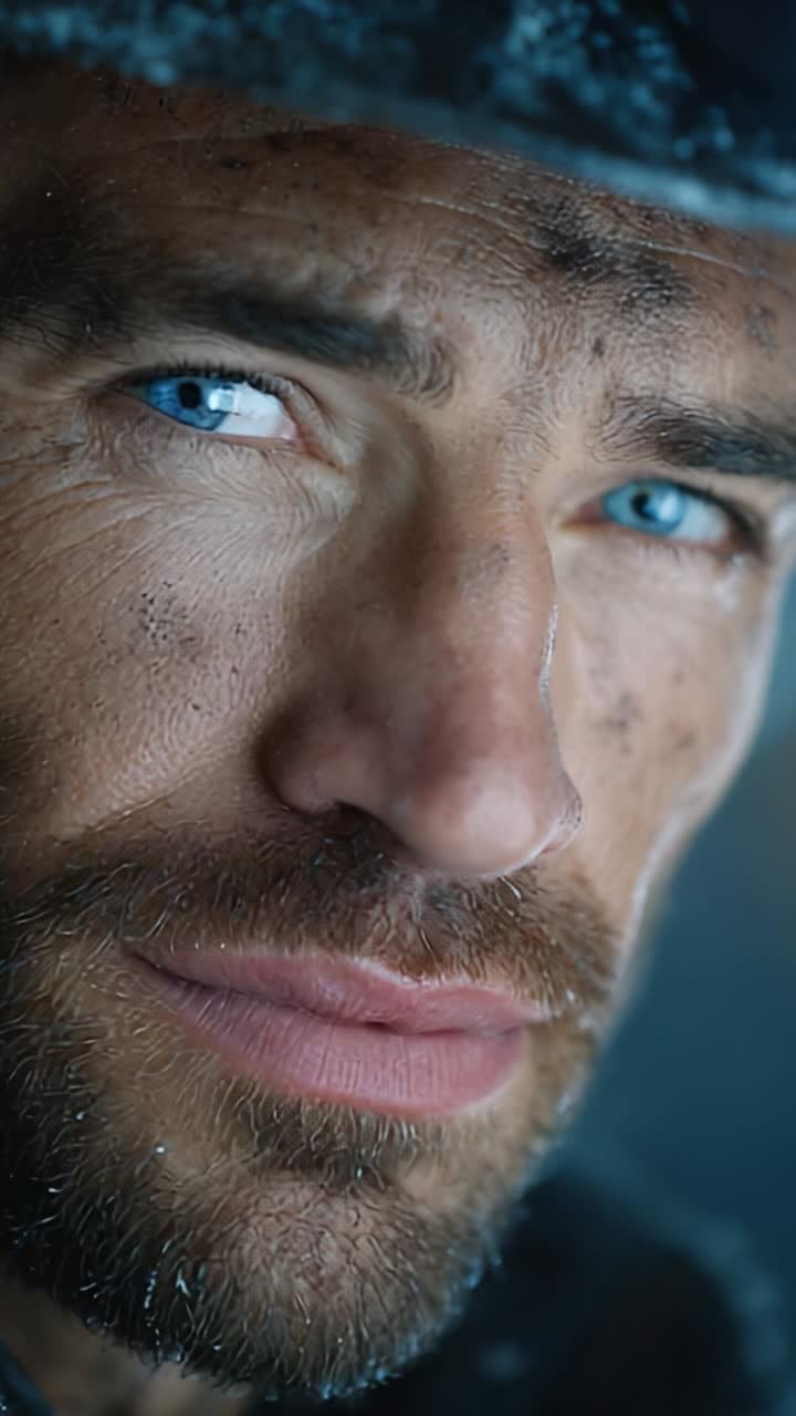 A close-up portrait of a rugged individual highlighting determination and resilience, showcasing eyes that convey a deep sense of focus and emotion against a challenging backdrop