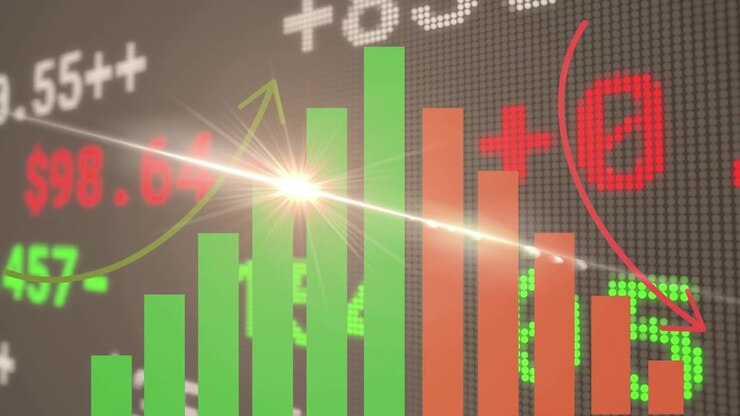 Animation of stock market with graph and light trails on black background