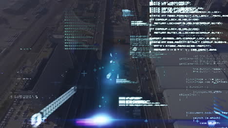 animation of data processing over cityscape