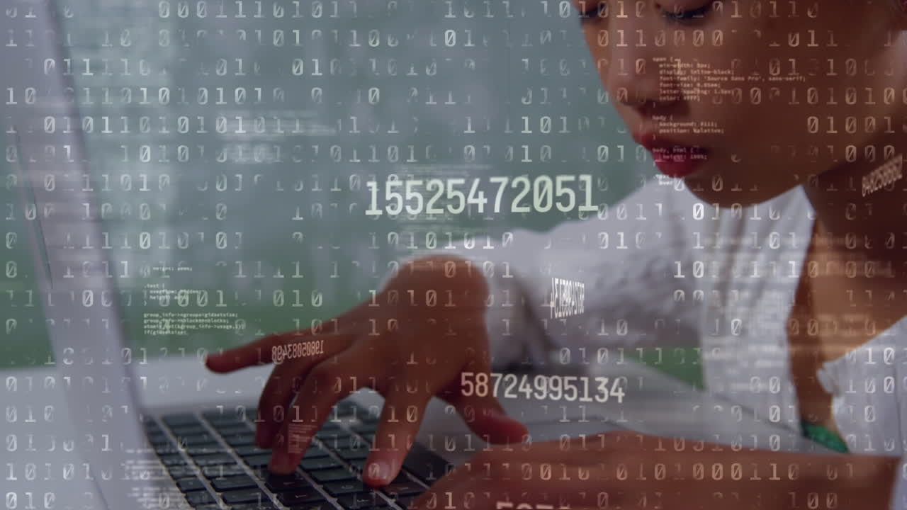 Animation of binary code over asian boy using laptop