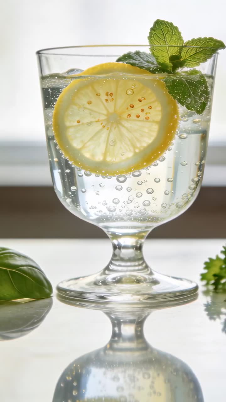 Calice con stelo appoggiato su un tavolo, con effervescenza che crea bollicine sul limone, e retroilluminazione che mette in risalto la bevanda.