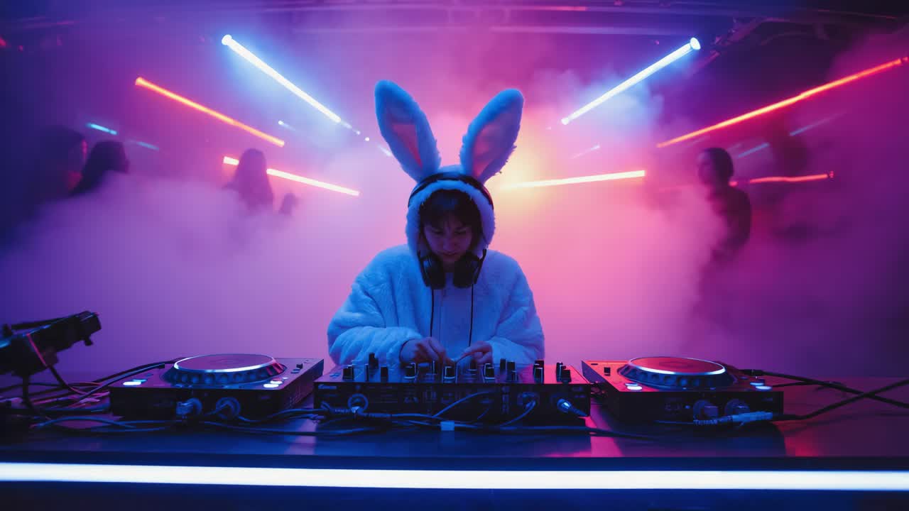 DJ in Bunny Ears Performing at a Nightclub