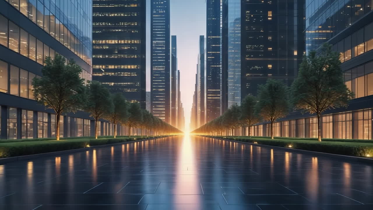 Modern City Street with Reflective Pavement and Skyscrapers at Dawn