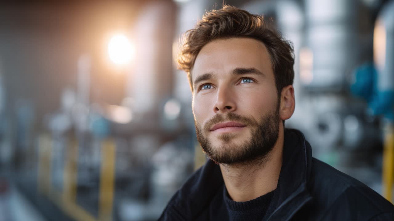 A contemplative young man with a beard gazes thoughtfully, illuminated by warm sunlight in an industrial setting, reflecting on possibilities and future aspirations