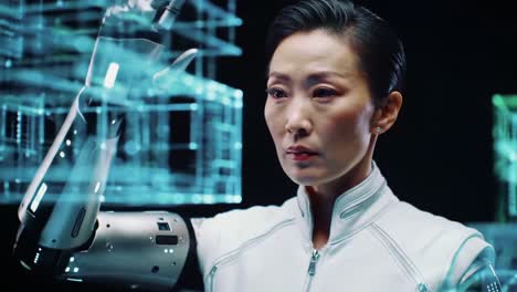 a futuristic vision: a woman interacting with advanced holographic technology in a sci-fi environment, showcasing the intersection of humanity and machines