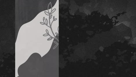 animation of grey leaf shapes on vertical white panel and flashing on dark grey background