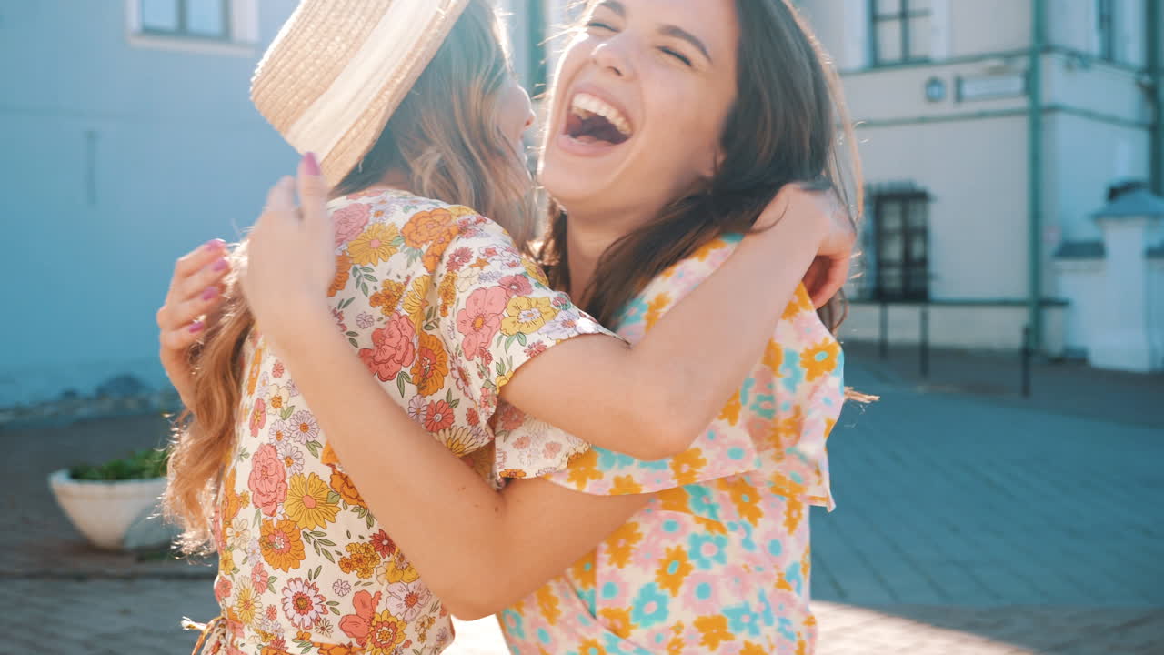 두 명의 행복한 여성들이 야외에서 웃고 있습니다.