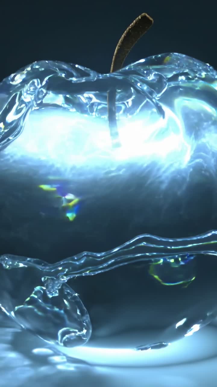 Video verticale: Luce fredda pulsante che fa formare la buccia a una mela d'acqua su una base lucida, con il gambo marrone che si illumina.
