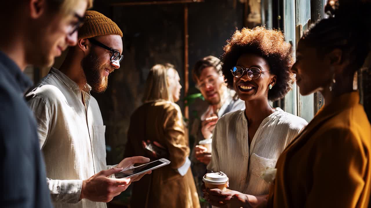 Engaging Conversations in a Coffee Shop Environment: A Group of Friends Share Laughter and Stories Over Drinks While Connecting through Technology and Good Company