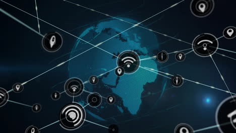 animation of network of connections with wifi icons over globe