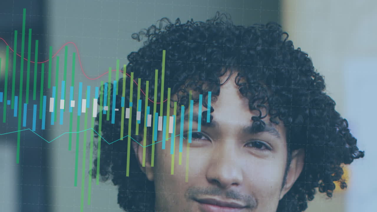 Animation of multicolored graphs over smiling biracial man standing in office