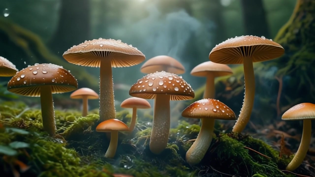 Group of Mushrooms Growing in a Misty Forest