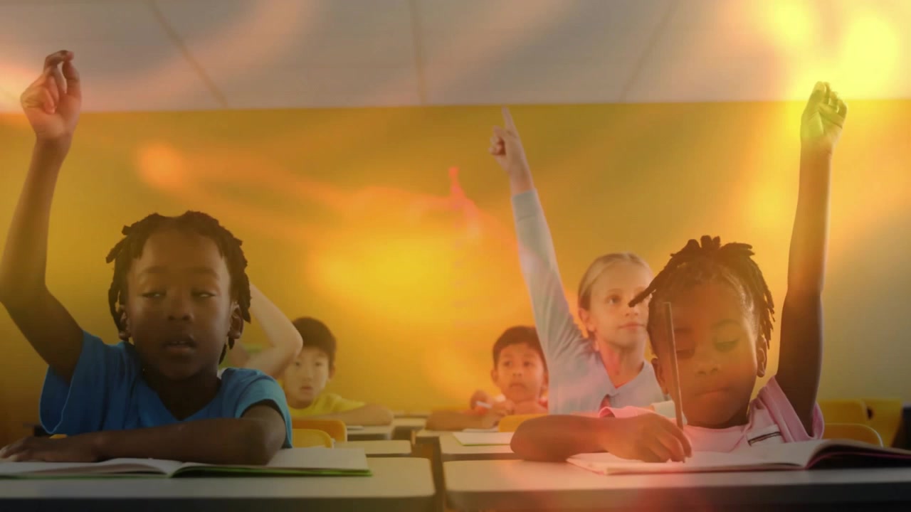 Students gazing toward swirling DNA helix projecting over chalkboard in education and raising hands
