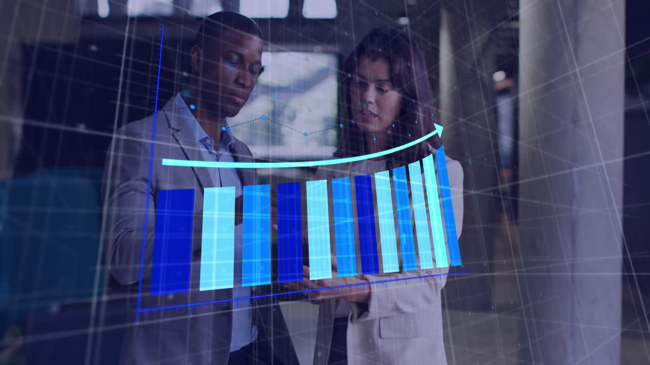 Animation of financial data processing over diverse business people in office