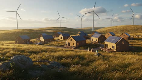 a scenic overview of a sustainable eco-village surrounded by lush fields and renewable energy wind turbines under a beautiful sky