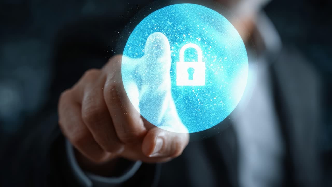A Professional Gesture Representing Cybersecurity Through a Holographic Lock; Emphasizing Digital Safety and Protection in Today's Technological Landscape