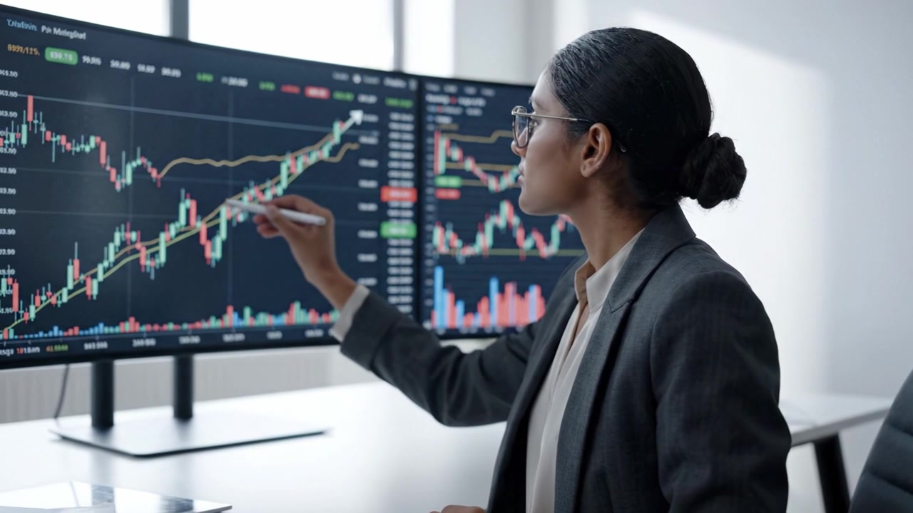 Analisi mirata: una donna professionista che esamina grafici finanziari e dati su doppi monitor in un moderno ambiente d'ufficio.
