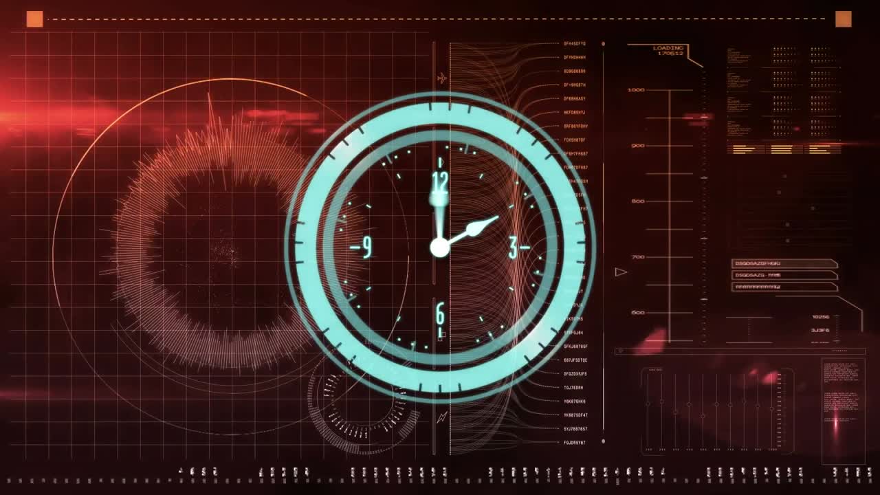 Animation of scope scanning with clock over data processing on red background